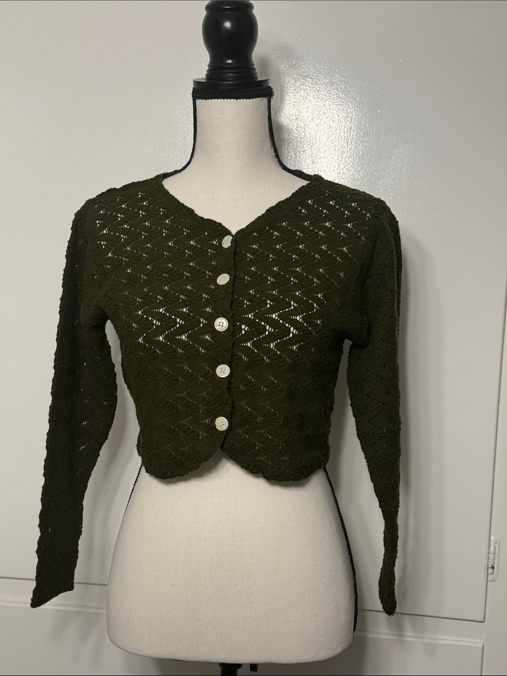 Olive Green Openwork Crop Button-Up Sweater